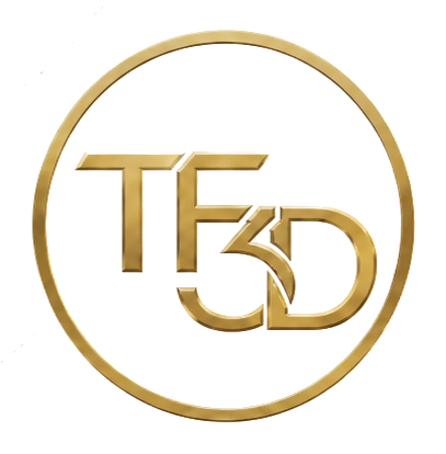 TF3D monogram: the letters T, F and 3D interlocked in gold inside a gold ring